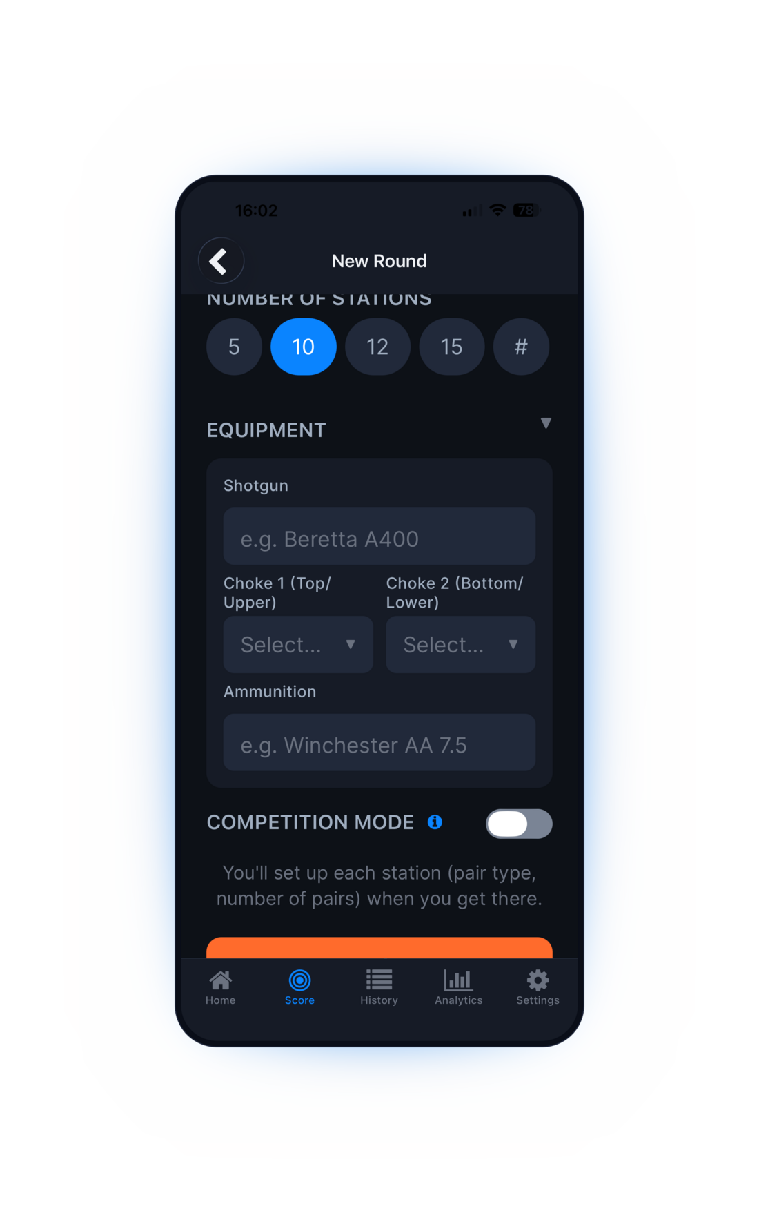 ClayAI equipment and weather screen comparing hit rate across guns, chokes, and conditions