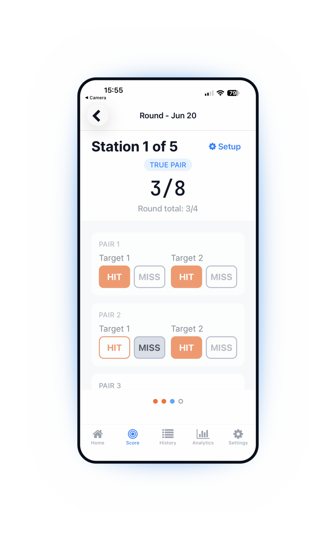 ClayAI scoring screen showing Station 1 of 5, tapping hit or miss for each pair